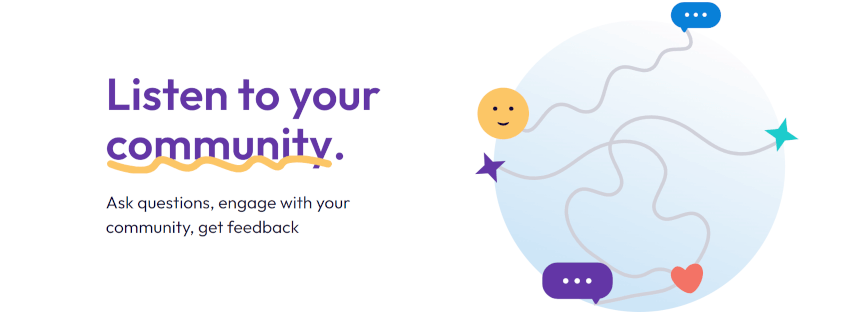 Qurio taglines: Listen to your community, ask questions, engage with your community, get feedback. Illustration of a circle connecting conversations with people and other icons.